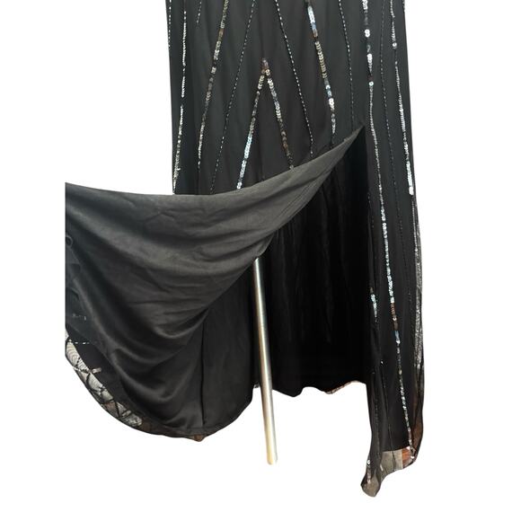 Black Sequin Illusion Sheer Maxi Dress Size Large Glam Great Gatsby Art Deco NYE - Picture 5 of 11